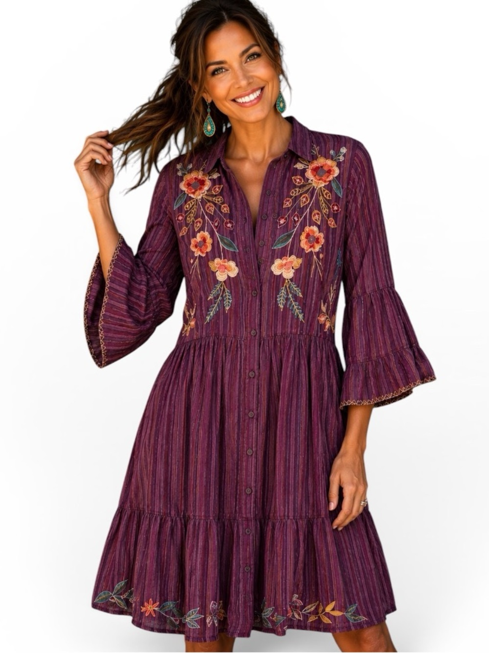 Johnny Was heavily embroidered Shuri Easy Tiered Dress In Purple NWT